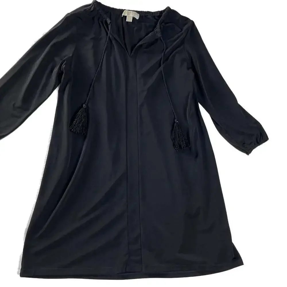 Michael Michael‎ Kors Black Boho Tassel Tie Tunic Dress 3/4 Sleeve M